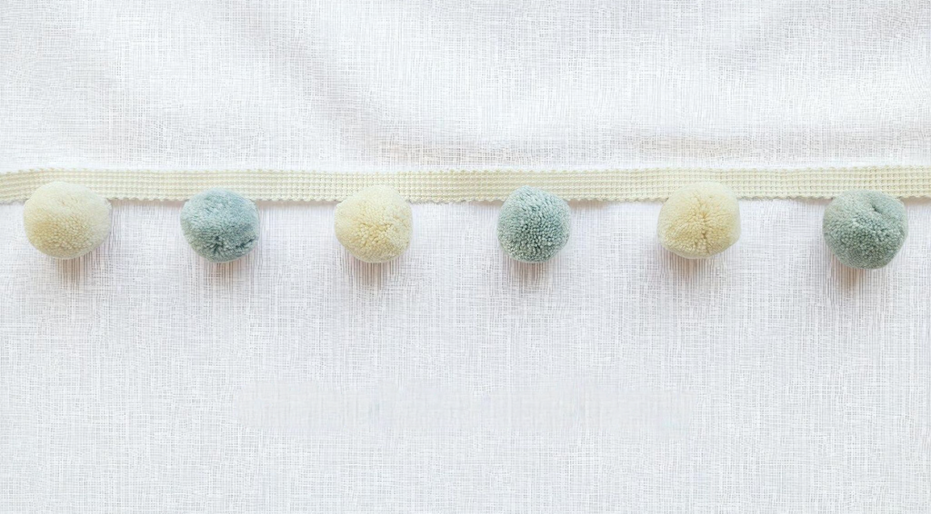 China blue and ivory pom pom trim,  pom pom trim, pom pom fringe, pom pom fringes, bobble trim, pom pom garland, cushion pom pom, pom poms