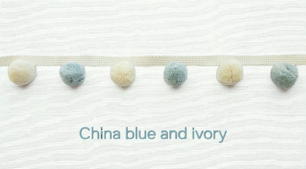 China blue and ivory pom pom trim,  pom pom trim, pom pom fringe, pom pom fringes, bobble trim, pom pom garland, cushion pom pom, pom poms