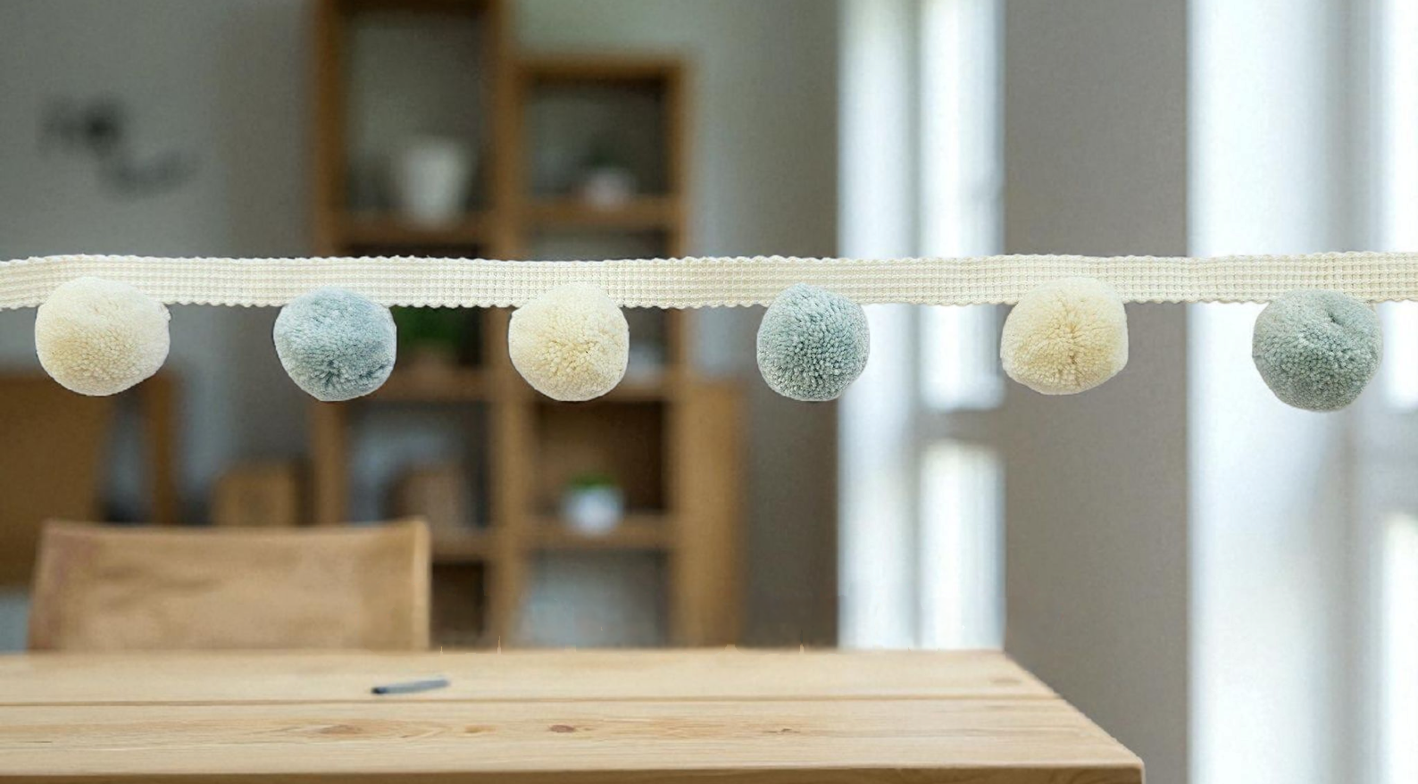 China blue and ivory pom pom trim,  pom pom trim, pom pom fringe, pom pom fringes, bobble trim, pom pom garland, cushion pom pom, pom poms