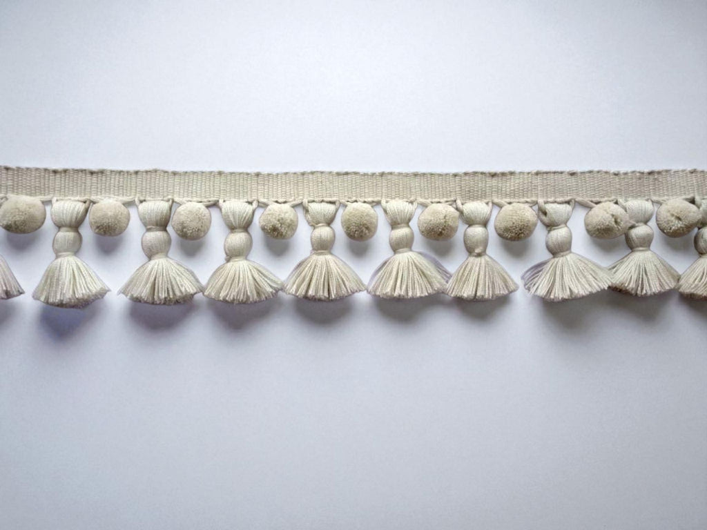 decorative trim UK, pom pom ribbon, pom pom trim UK, tassel trim UK, tassel edging, ivory pom pom tassel trim