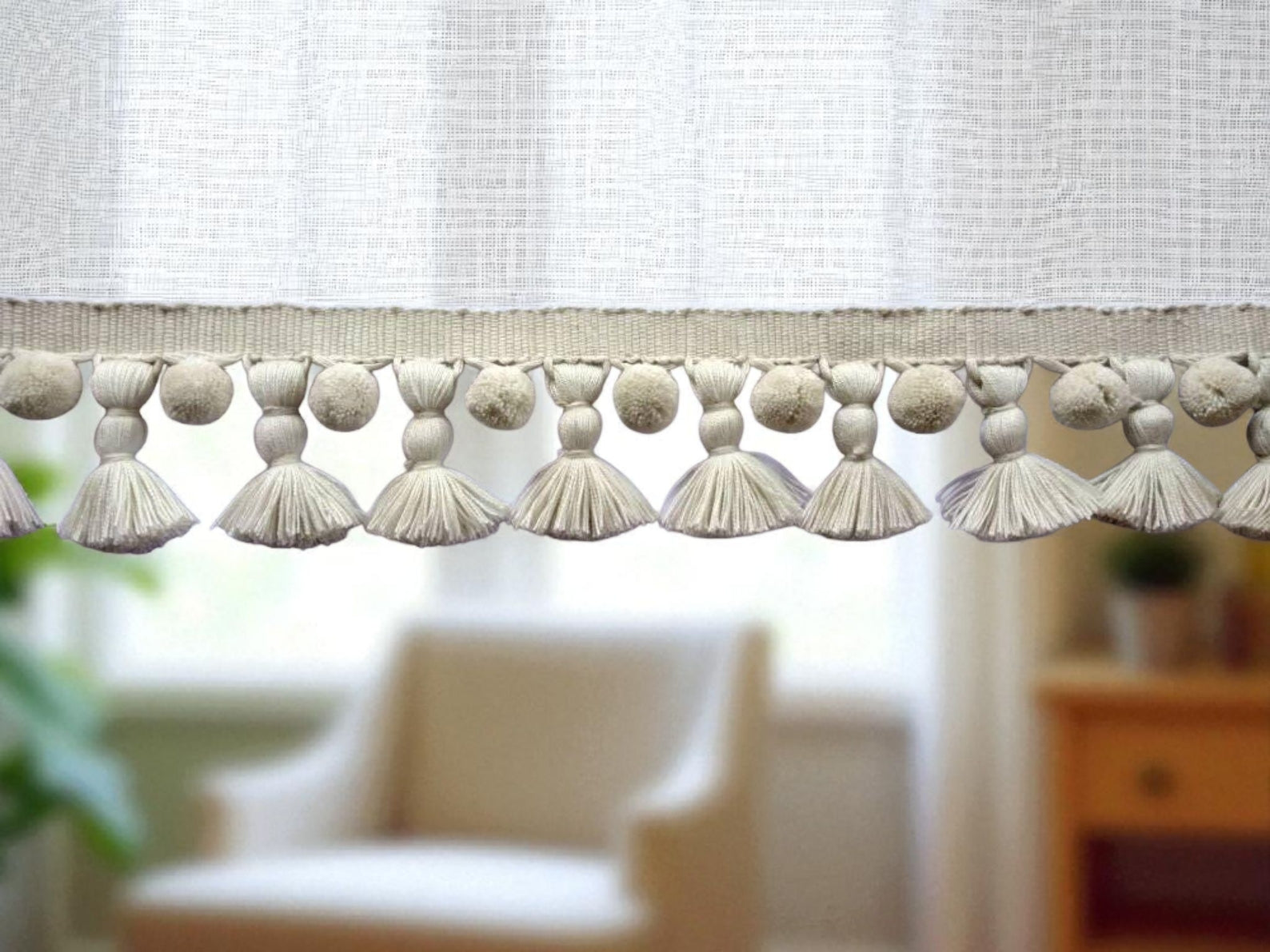decorative trim UK, pom pom ribbon, pom pom trim UK, tassel trim UK, tassel edging, ivory pom pom tassel trim