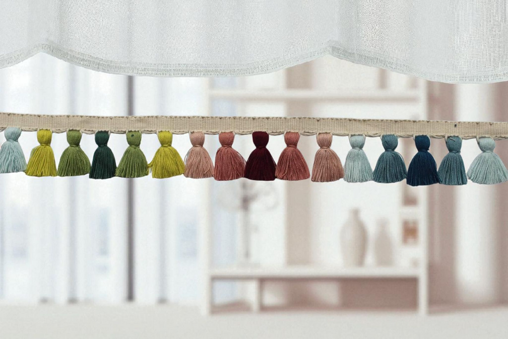 Tassel trim for curtains, tassel trim by the yard, tassel trim green, blue tassel trim, yellow tassel, pale rose tassel trim, multi colour