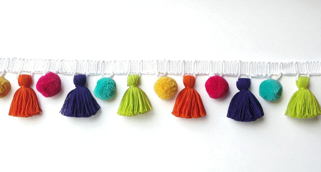 tassel trim by the yard, tassel fringe trim, Tassel trim, pom pom trim, multi colored pom pom tassel trim,blue tassel, yellow pom poms