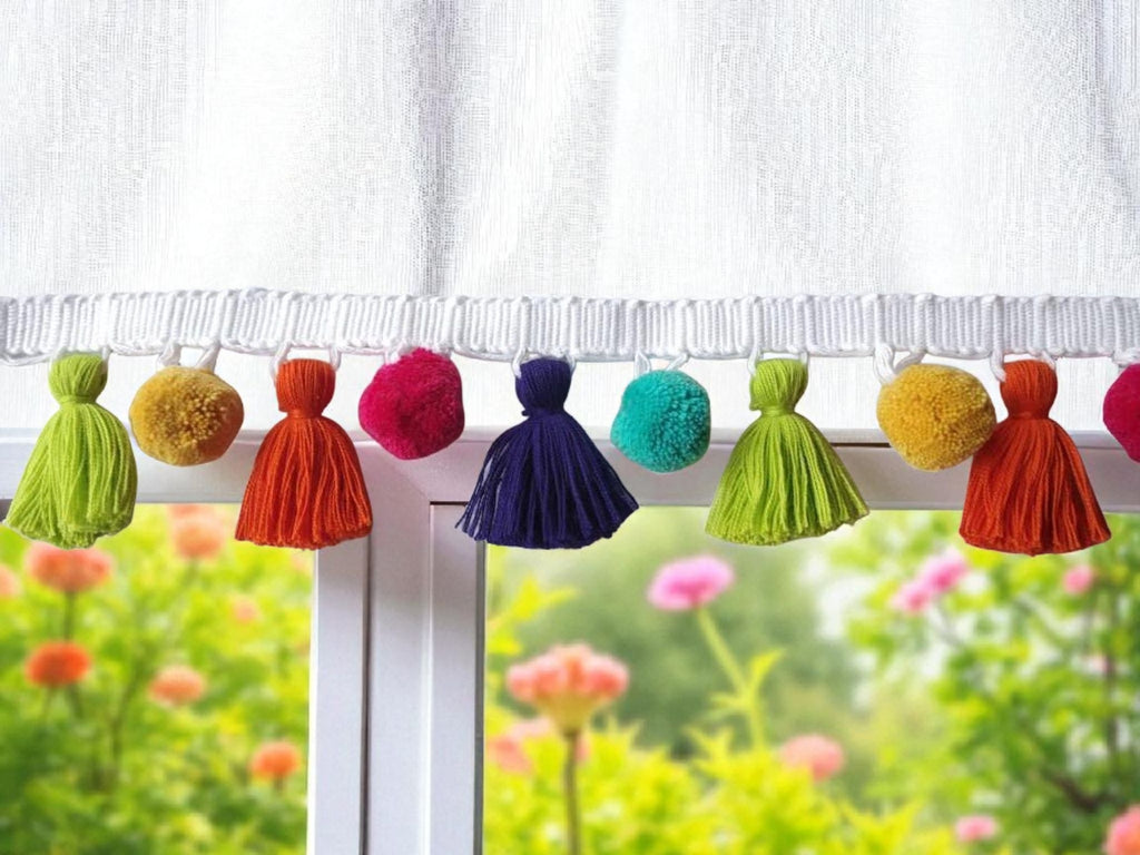 tassel trim by the yard, tassel fringe trim, Tassel trim, pom pom trim, multi colored pom pom tassel trim,blue tassel, yellow pom poms