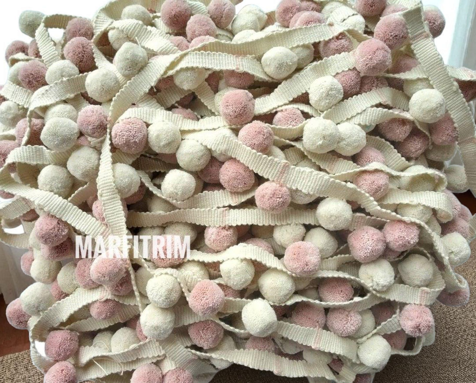 pale rose/blush pink ivory pom pom trim, pom pom trim,  pom pom fringe,  pom pom garland, pom pom cushions, curtain pom pom trim,  pom poms