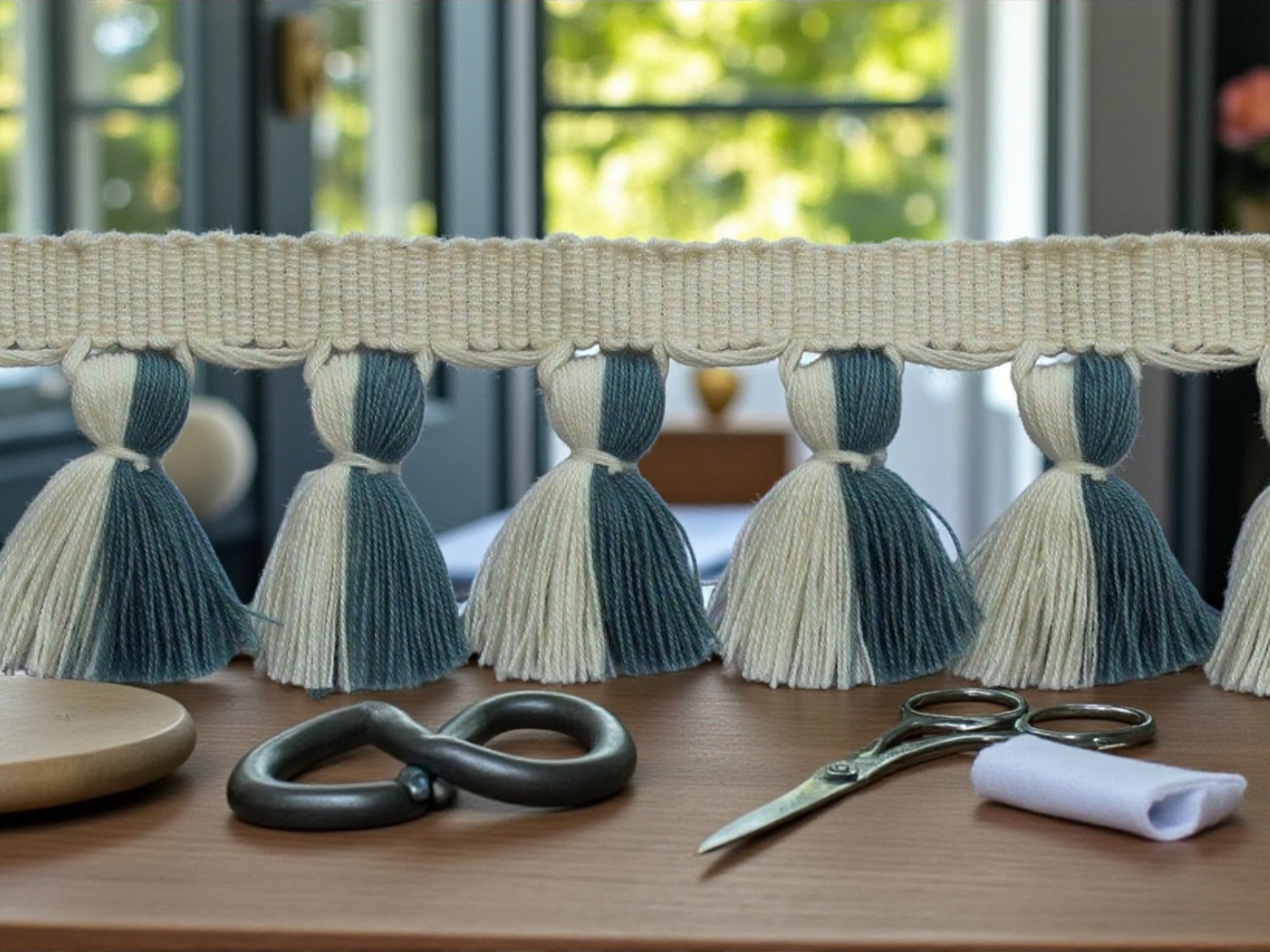 Ivory pale blue multi colored tassel trim, tassel fringe trim, County blue tassel trim