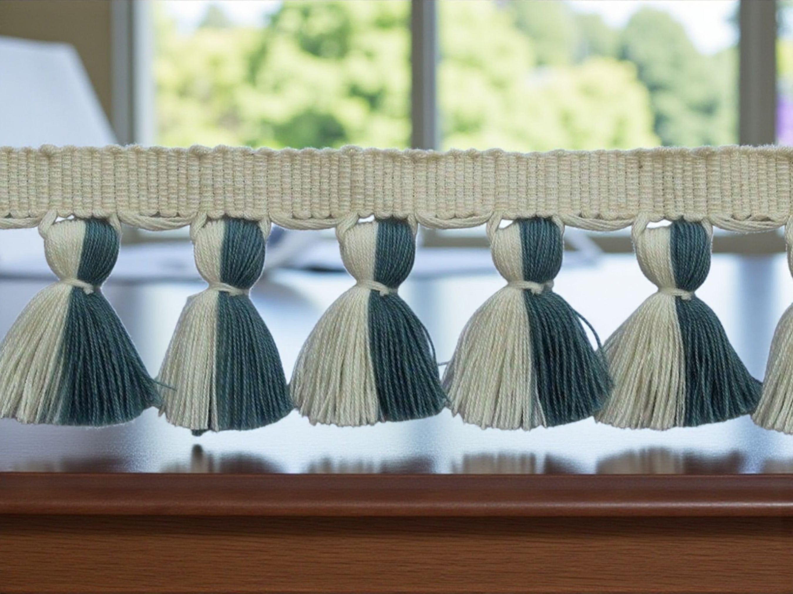 Ivory pale blue multi colored tassel trim, tassel fringe trim, County blue tassel trim