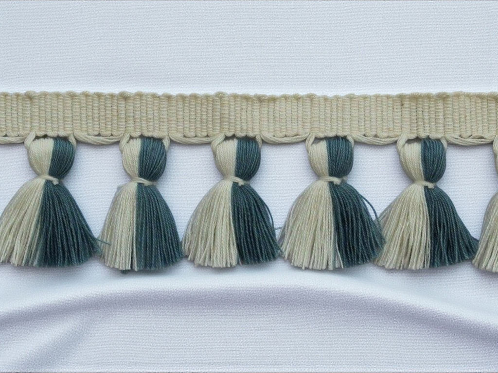Ivory pale blue multi colored tassel trim, tassel fringe trim, County blue tassel trim