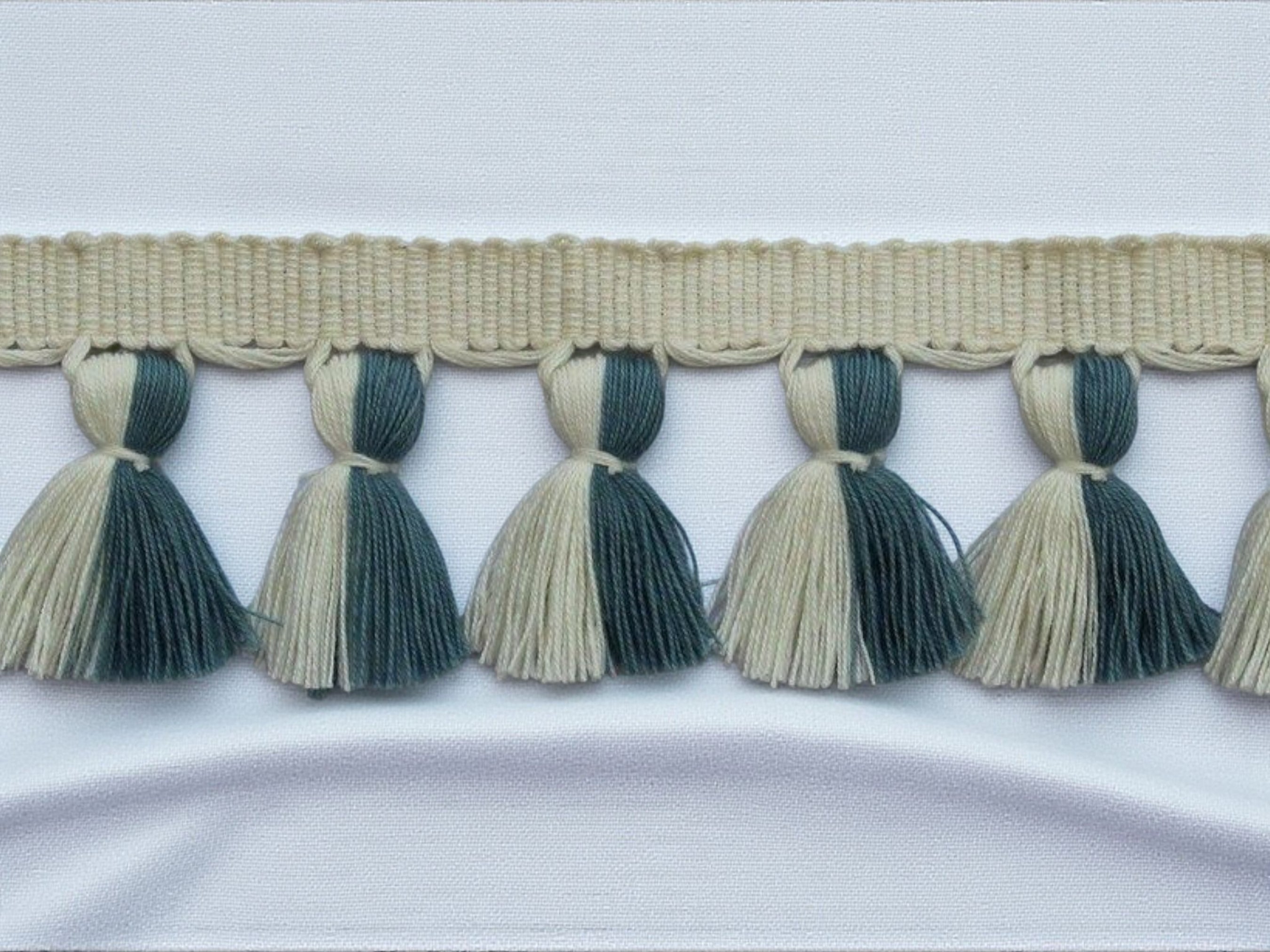 Ivory pale blue multi colored tassel trim, tassel fringe trim, County blue tassel trim