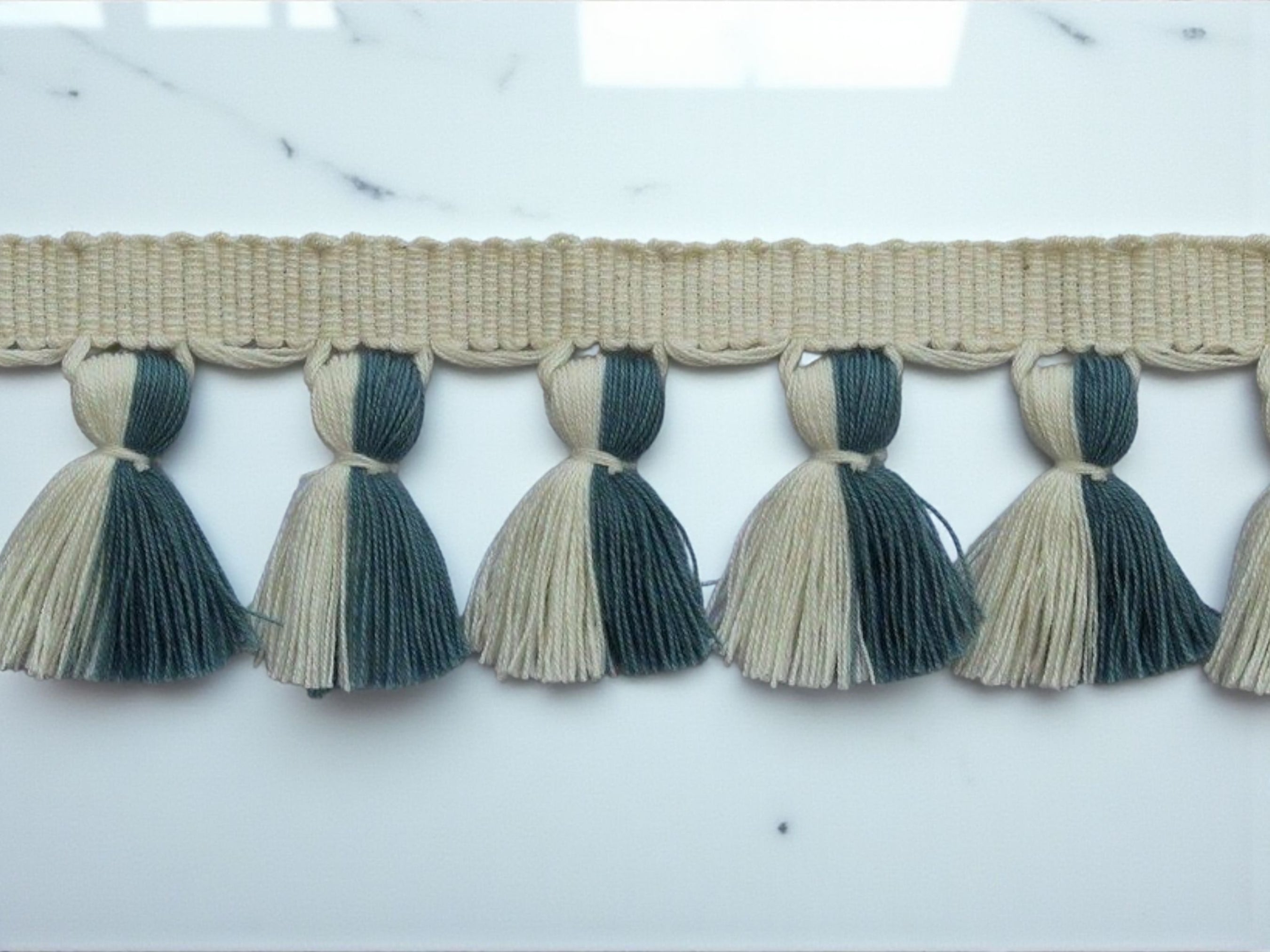 Ivory pale blue multi colored tassel trim, tassel fringe trim, County blue tassel trim