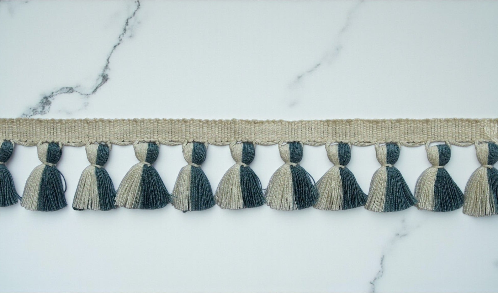 Ivory pale blue multi colored tassel trim, tassel fringe trim, County blue tassel trim