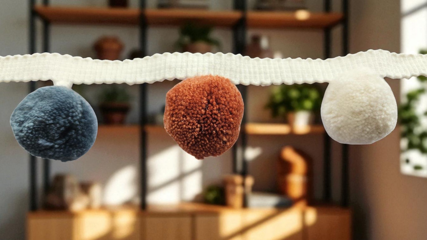 2cm pom pom, pom pom trim, cushion pom pom, curtain pom pom, pom pom trim, pom pom fringe, ivory, french blue, citrine, pumpkin, bobble trim