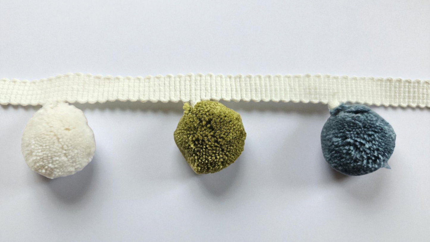 2cm pom pom, pom pom trim, cushion pom pom, curtain pom pom, pom pom trim, pom pom fringe, ivory, french blue, citrine, pumpkin, bobble trim