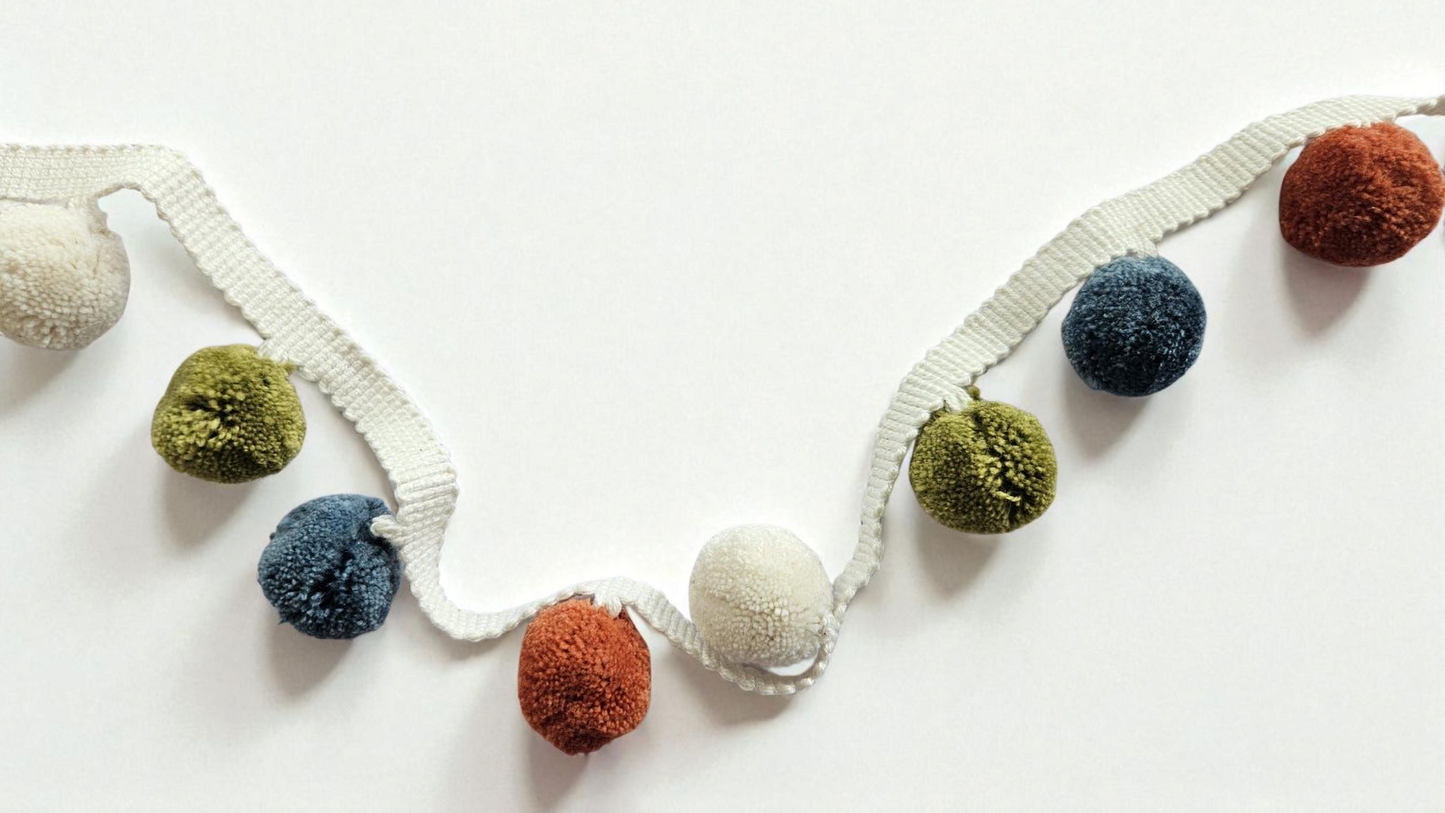2cm pom pom, pom pom trim, cushion pom pom, curtain pom pom, pom pom trim, pom pom fringe, ivory, french blue, citrine, pumpkin, bobble trim
