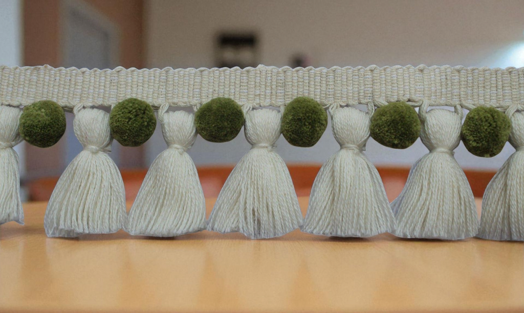 Olive green and ivory pom poms tassel trim, first home gift, home decore, home decor, curtain trim, pom pom trim, fringes, fringe trim