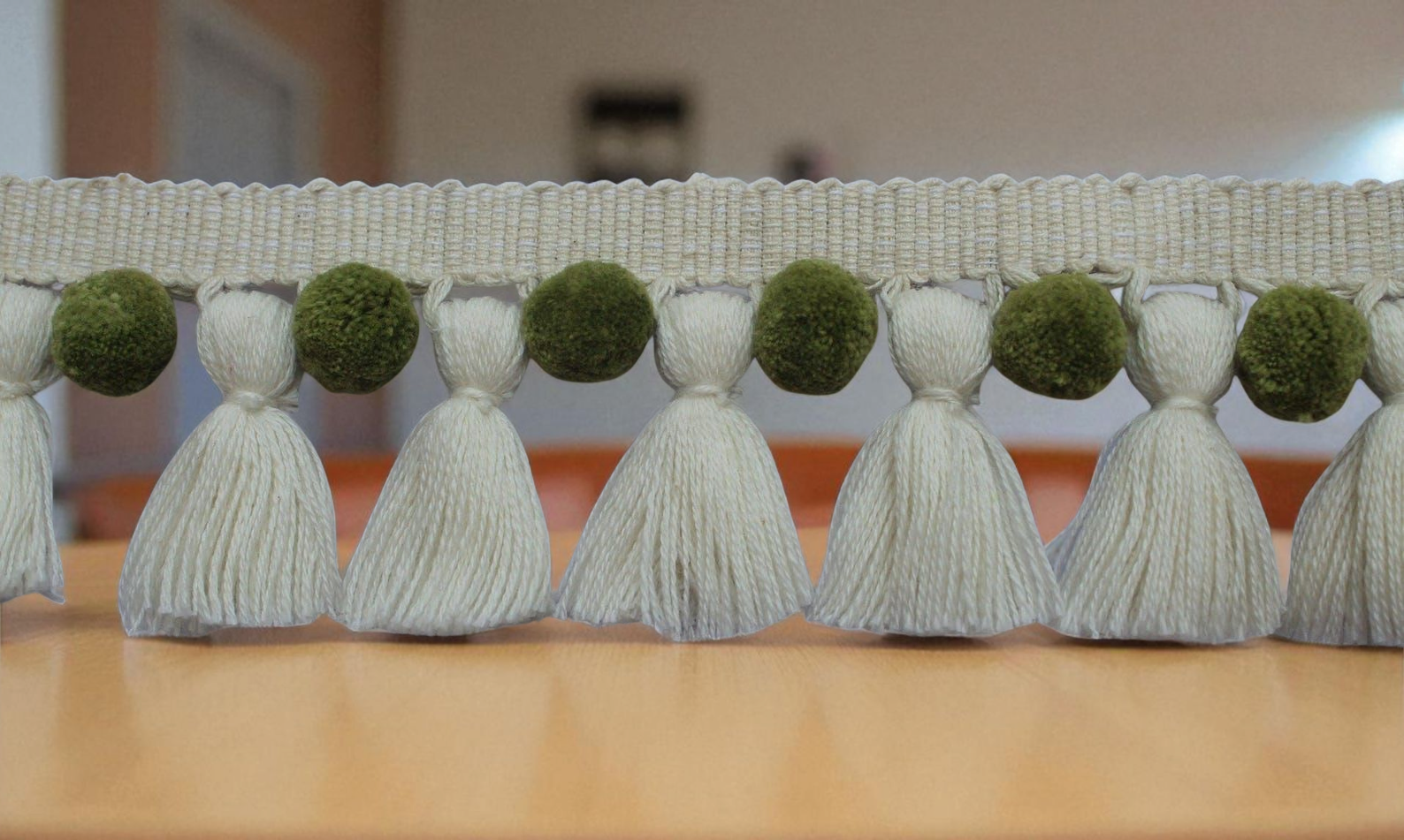Olive green and ivory pom poms tassel trim, first home gift, home decore, home decor, curtain trim, pom pom trim, fringes, fringe trim
