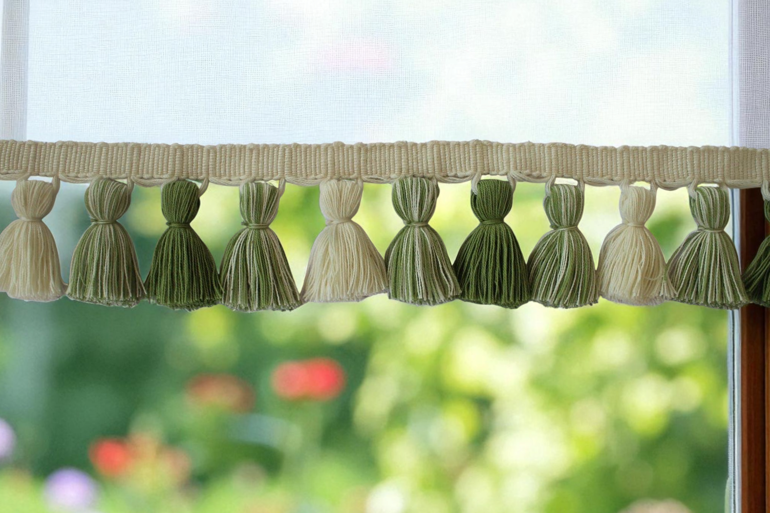 tassel fringe, tassel fringe trim, soft olive green and ivory tassel trim, fringe lampshade, fringe trim, fringe cushion, tassel trim