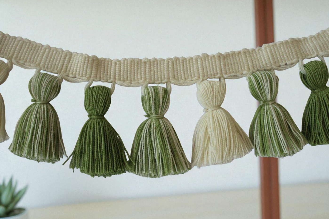 tassel fringe, tassel fringe trim, soft olive green and ivory tassel trim, fringe lampshade, fringe trim, fringe cushion, tassel trim