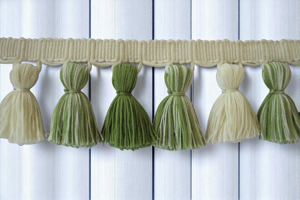 tassel fringe, tassel fringe trim, soft olive green and ivory tassel trim, fringe lampshade, fringe trim, fringe cushion, tassel trim