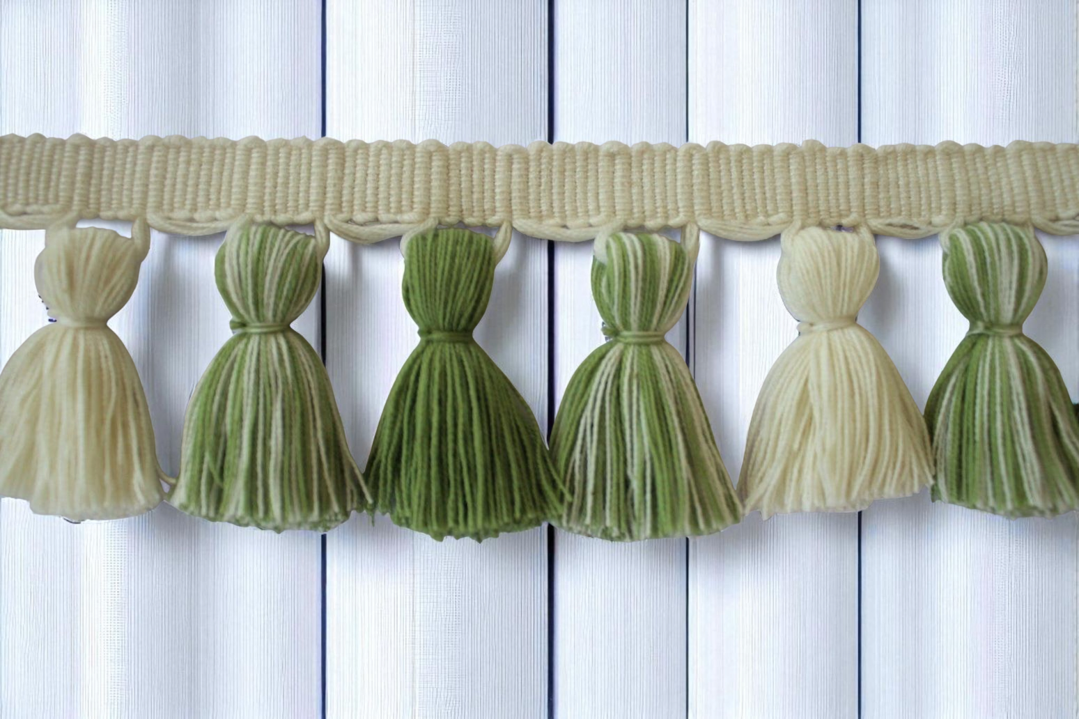 tassel fringe, tassel fringe trim, soft olive green and ivory tassel trim, fringe lampshade, fringe trim, fringe cushion, tassel trim
