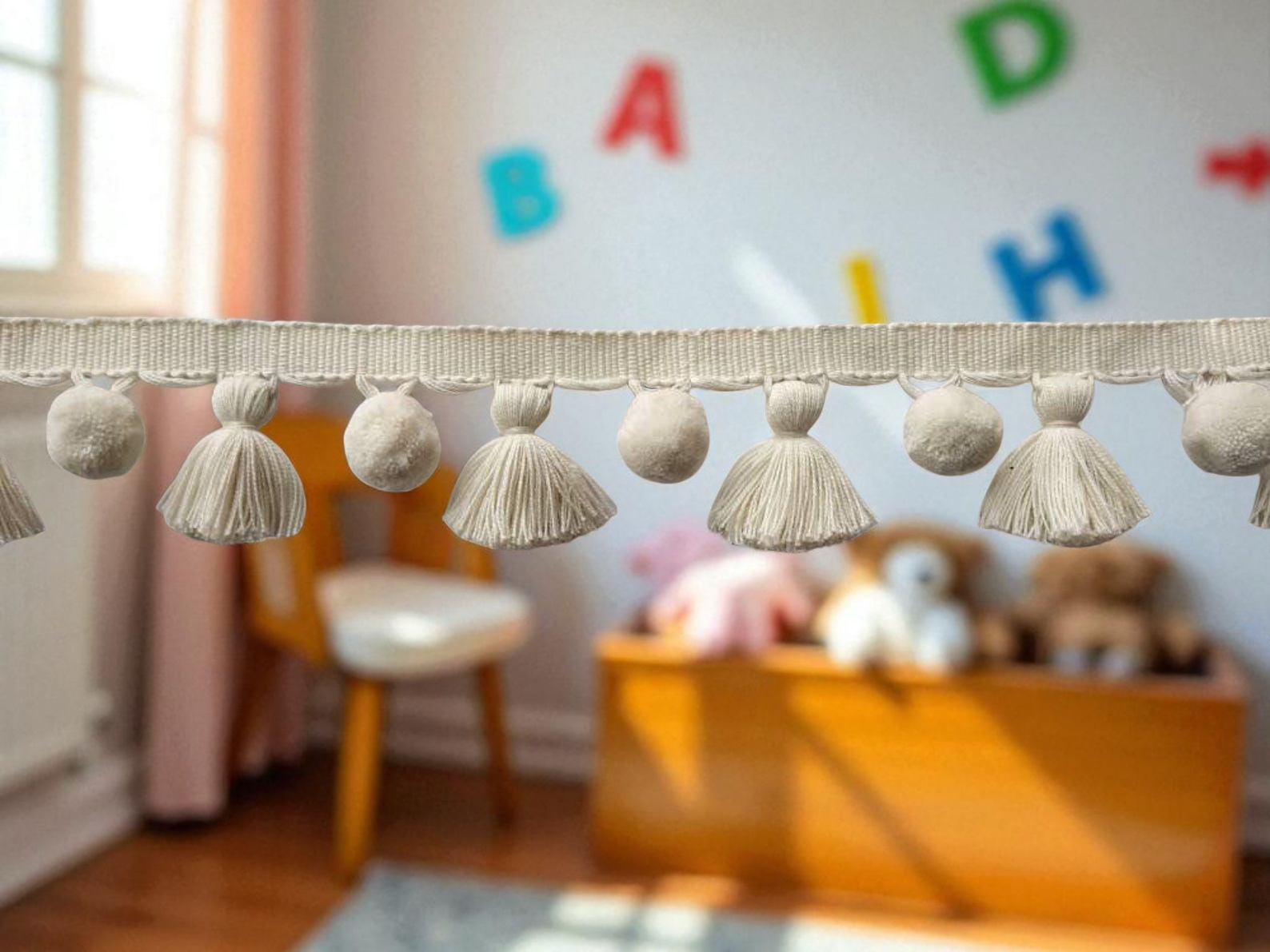 ivory tassel trim, tassel trim, lampshade trimmings, lampshade trim, lampshade fringe, bobble trim, pom pom trim, pom pom tassel garland