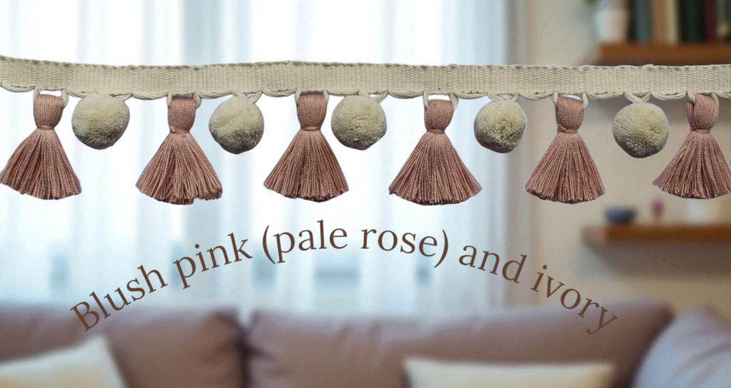 Pale rose tassel, blush pink tassel,ivory pom poms, tassel trim, pom pom trim, pom pom tassel, wall art, home decore, tassel fringe, tassels