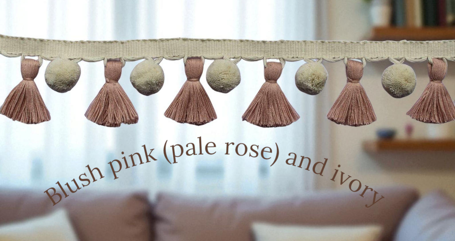 Pale rose tassel, blush pink tassel,ivory pom poms, tassel trim, pom pom trim, pom pom tassel, wall art, home decore, tassel fringe, tassels