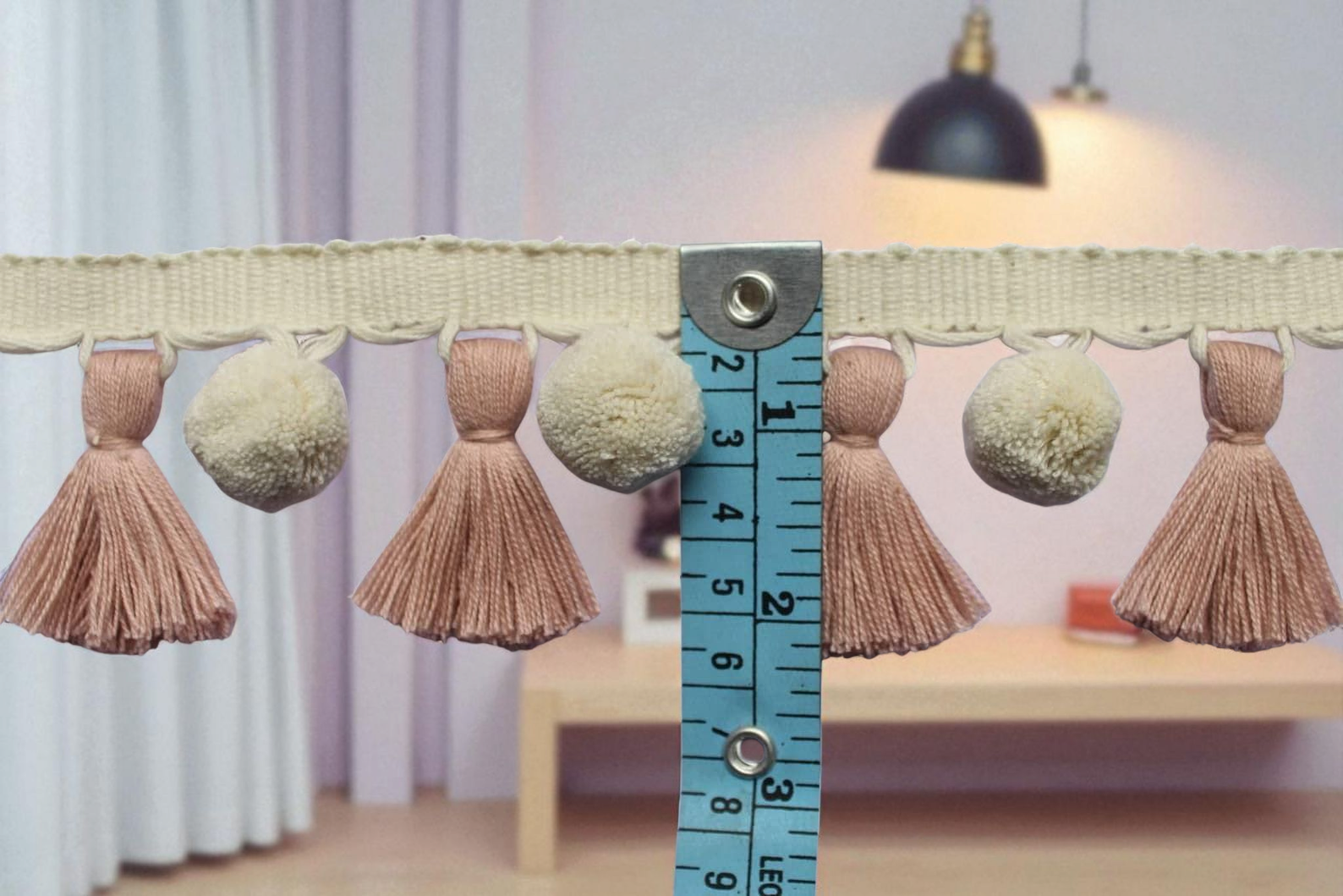 Pale rose tassel, blush pink tassel,ivory pom poms, tassel trim, pom pom trim, pom pom tassel, wall art, home decore, tassel fringe, tassels