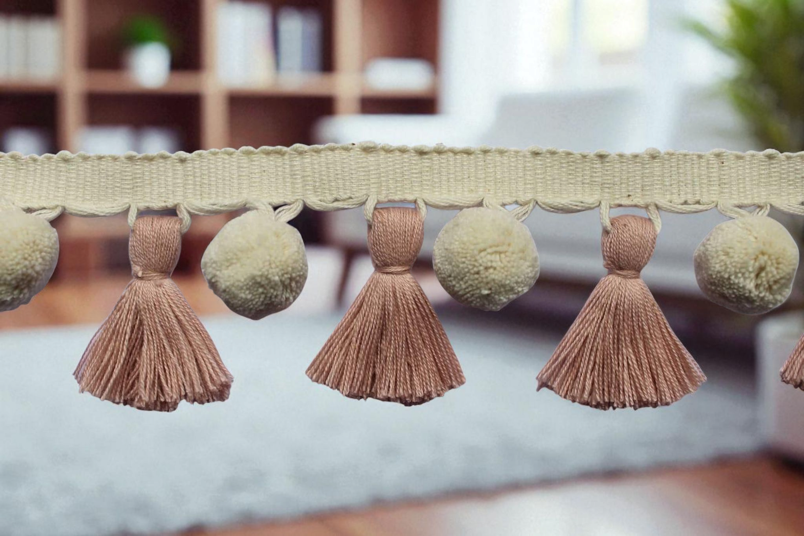 Pale rose tassel, blush pink tassel,ivory pom poms, tassel trim, pom pom trim, pom pom tassel, wall art, home decore, tassel fringe, tassels