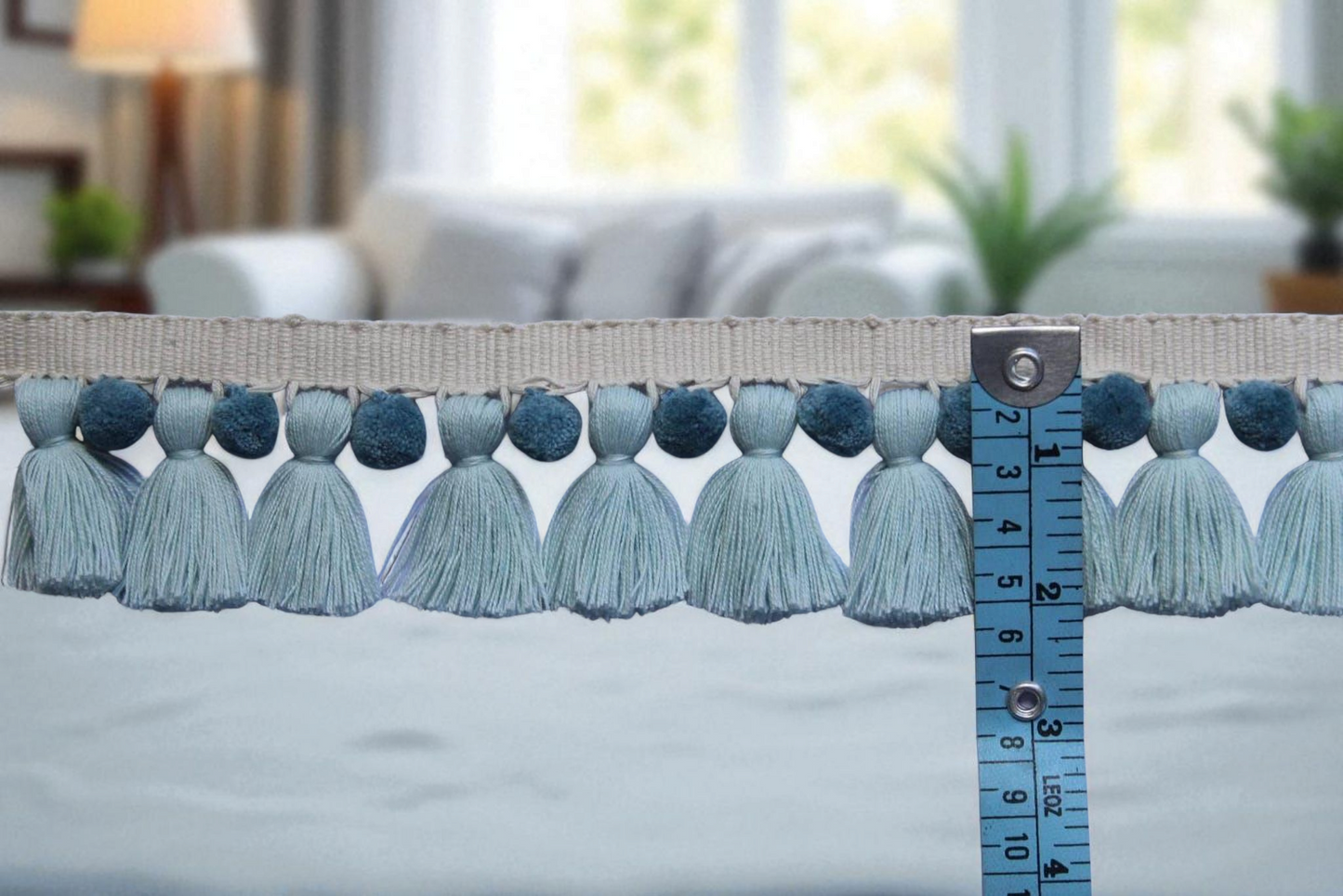 baby blue tassel, county blue pom pom, pale blue pom poms, pom pom tassel trim