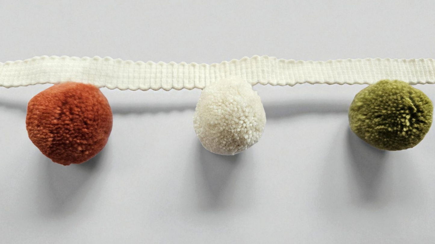 2cm pom pom, pom pom trim, cushion pom pom, curtain pom pom, pom pom trim, pom pom fringe, ivory, french blue, citrine, pumpkin, bobble trim