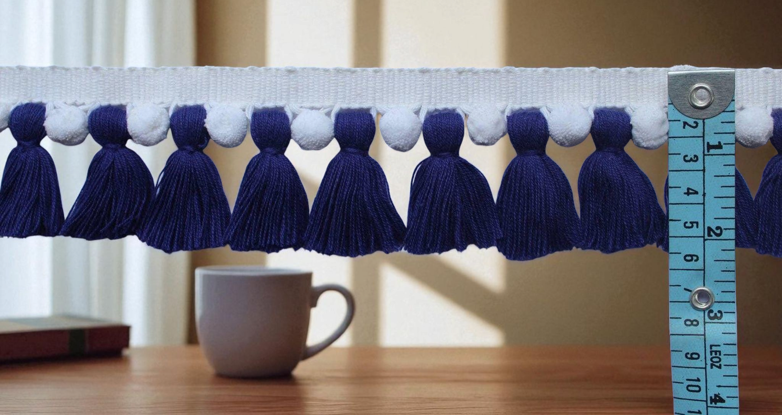 Navy blue / white pom pom tassel trim