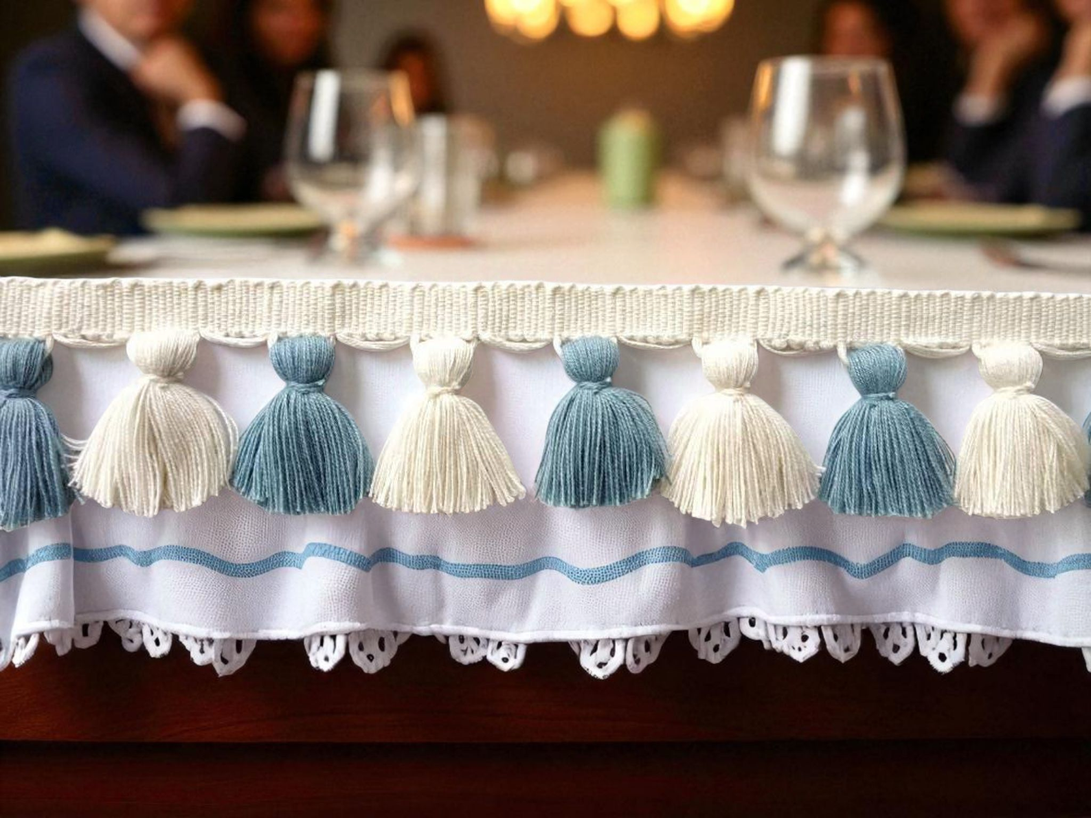 County blue and ivory tasse trim, tassel trim, tassel fringe, long fringe tassel, fringe trim, curtain tassel fringe, beaded tassel trim