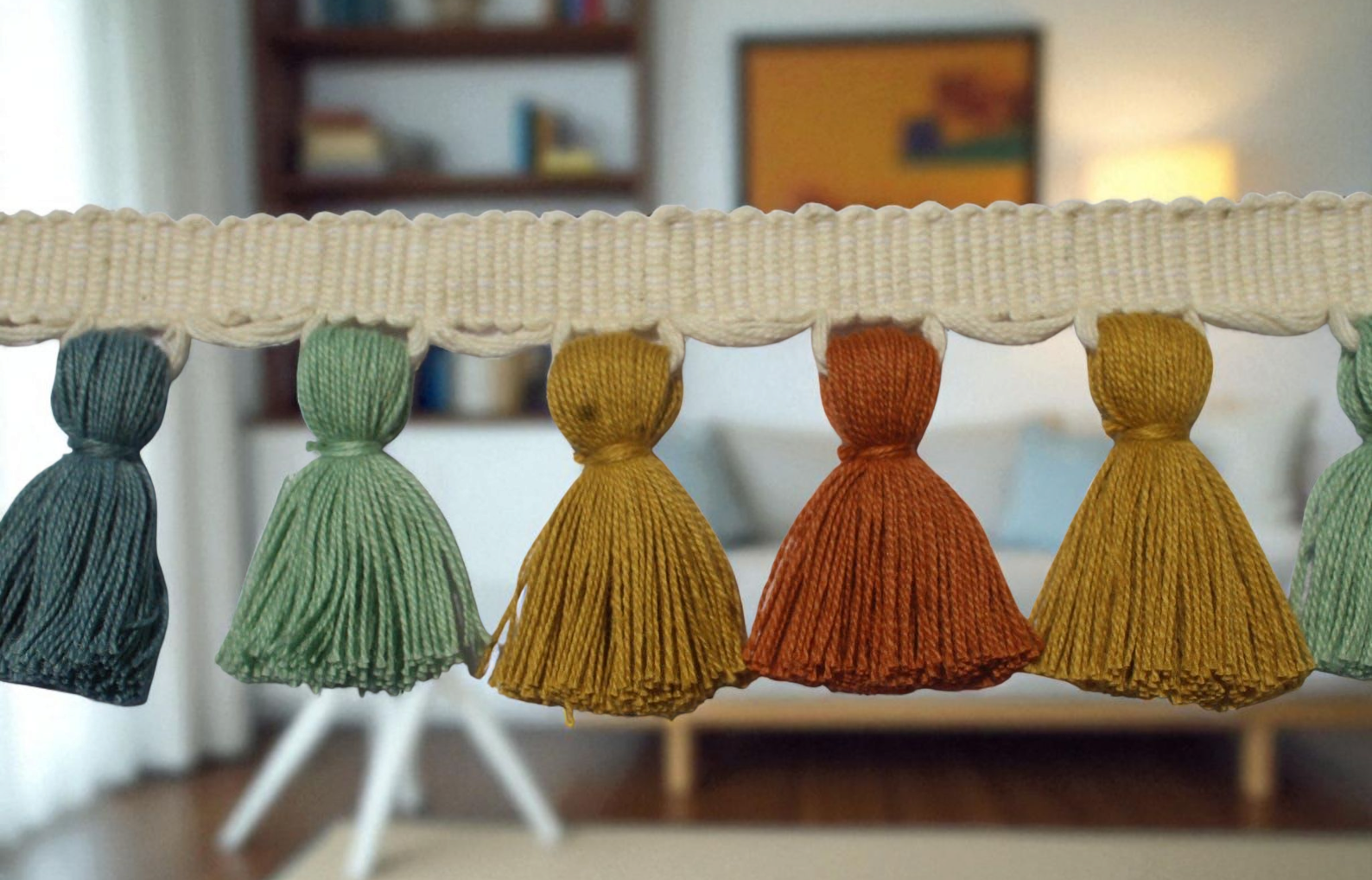 multi colored tassel fringe trim, tassel trim, tassel trim by the yard, tassel fringe, trim for cushions, trim for curtains, fringe trim