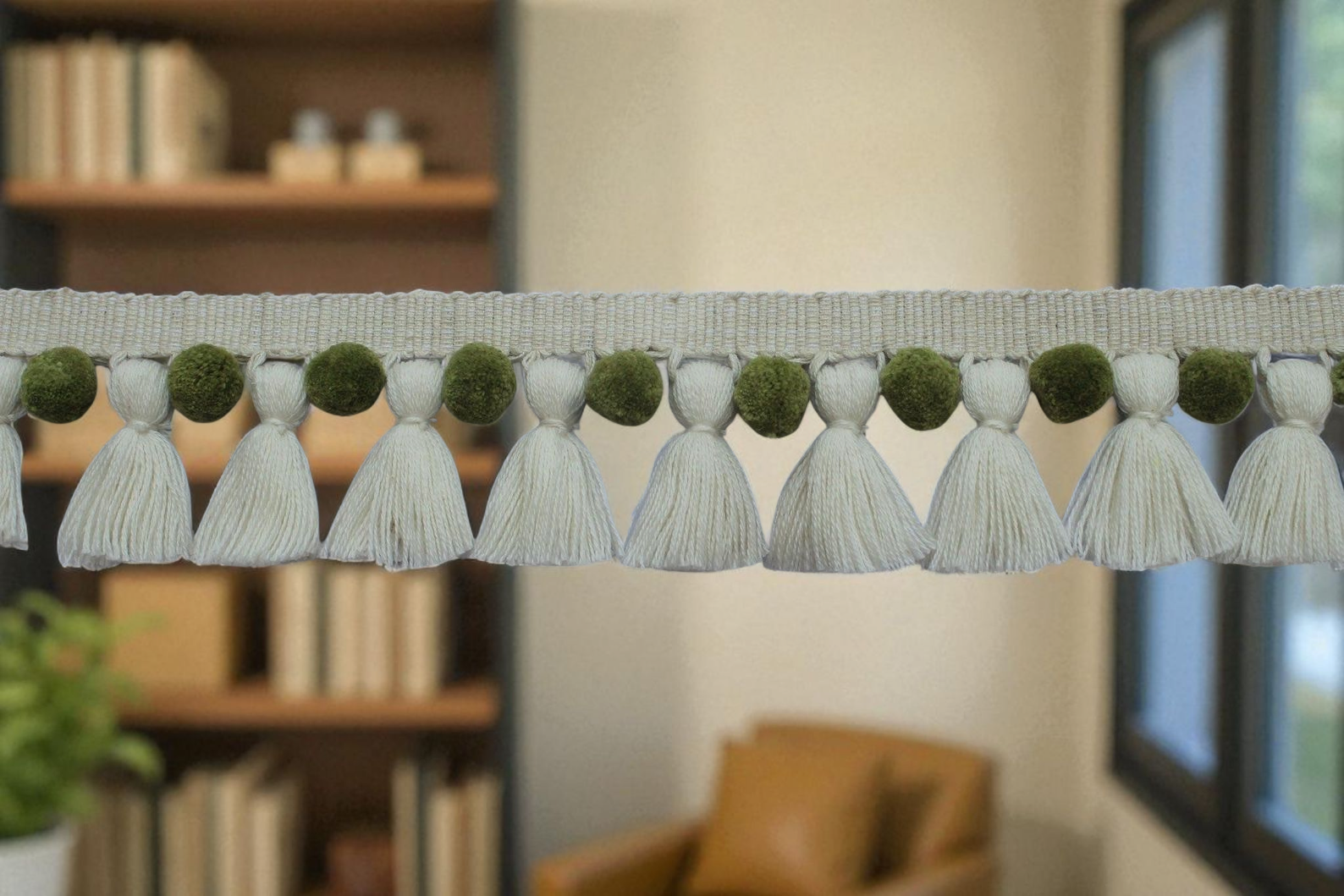 Olive green and ivory pom poms tassel trim, first home gift, home decore, home decor, curtain trim, pom pom trim, fringes, fringe trim