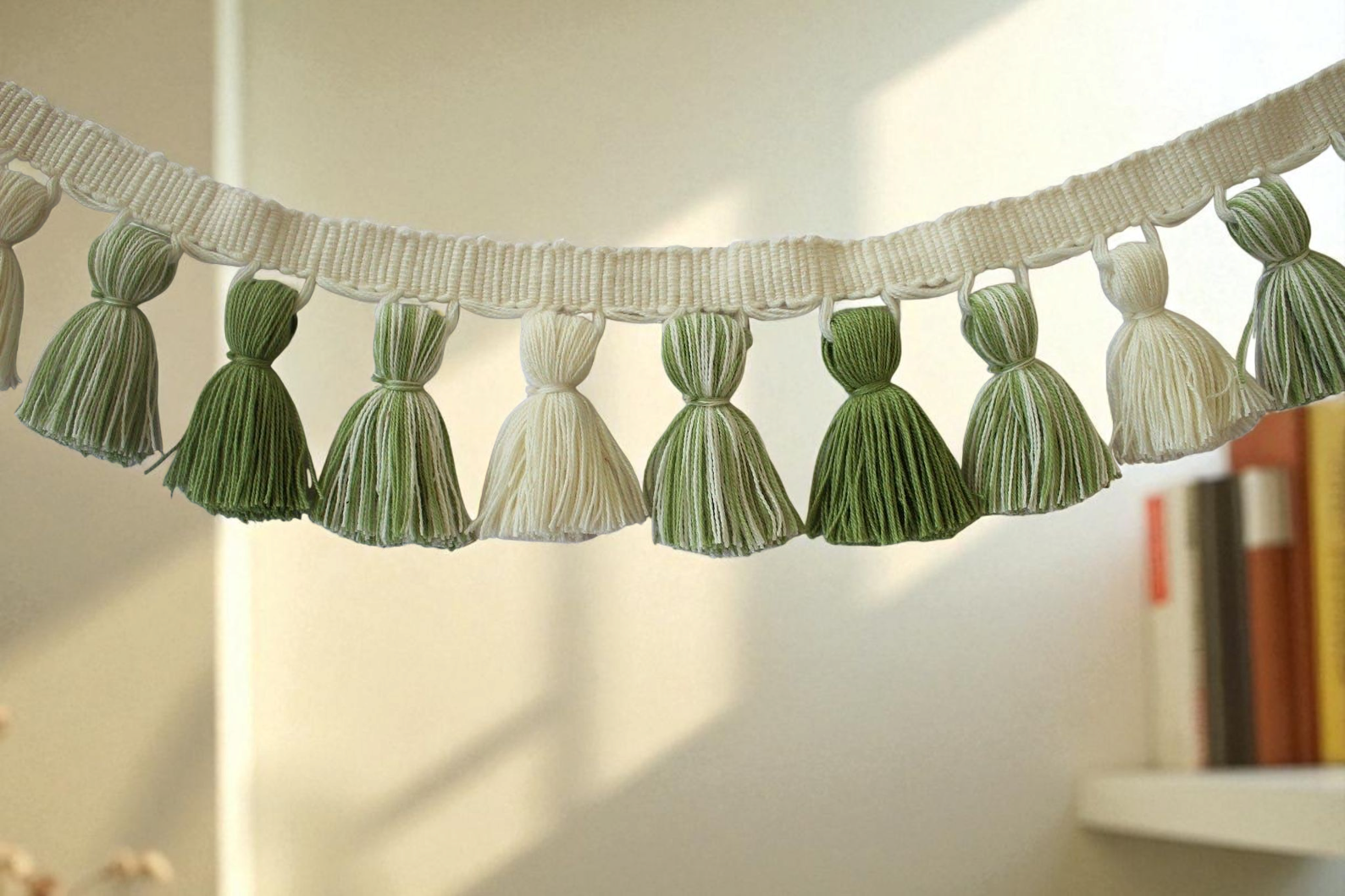 tassel fringe, tassel fringe trim, soft olive green and ivory tassel trim, fringe lampshade, fringe trim, fringe cushion, tassel trim