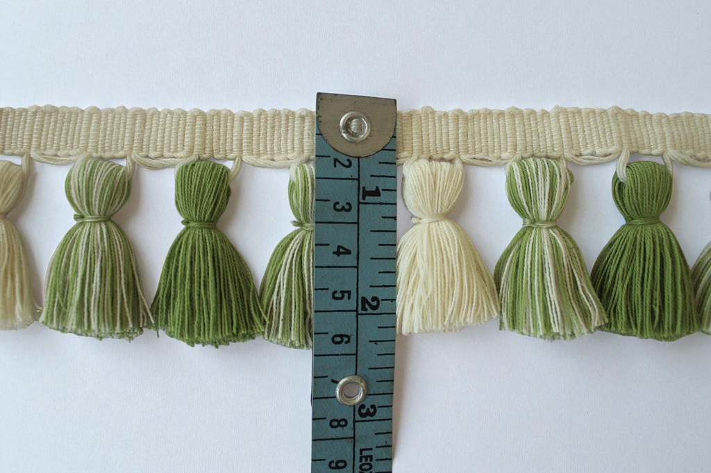 tassel fringe, tassel fringe trim, soft olive green and ivory tassel trim, fringe lampshade, fringe trim, fringe cushion, tassel trim