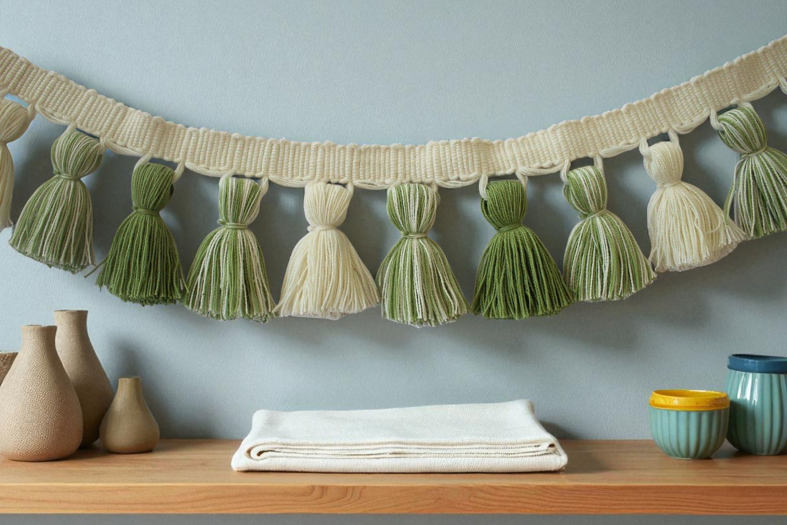 tassel fringe, tassel fringe trim, soft olive green and ivory tassel trim, fringe lampshade, fringe trim, fringe cushion, tassel trim