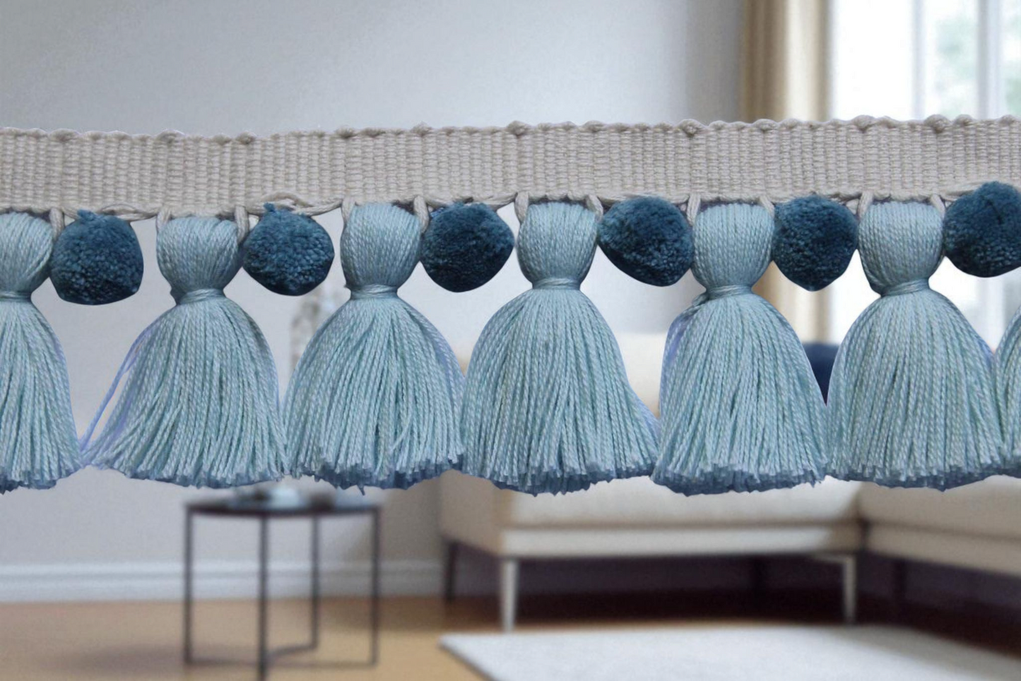 baby blue tassel, county blue pom pom, pale blue pom poms, pom pom tassel trim