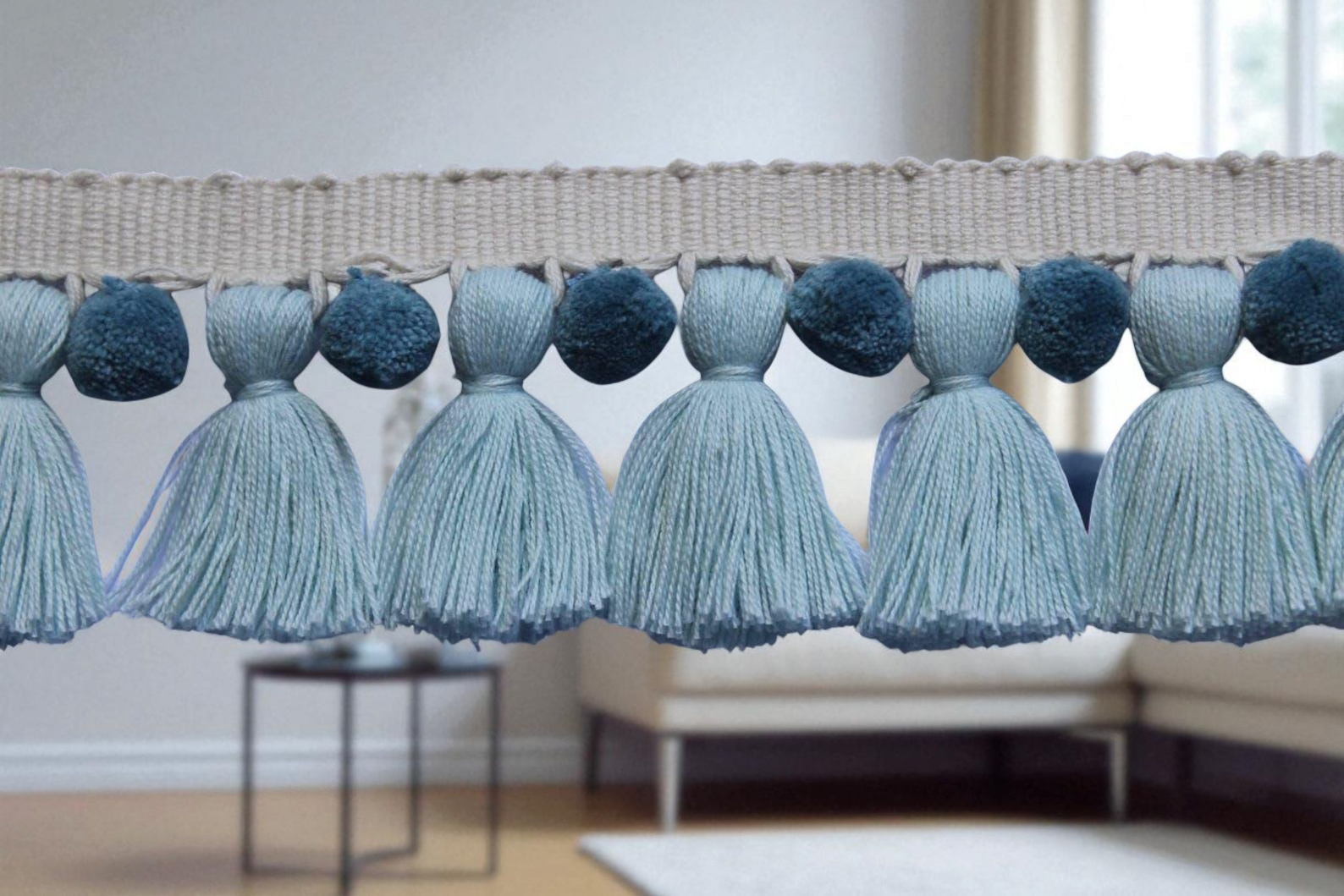 baby blue tassel, county blue pom pom, pale blue pom poms, pom pom tassel trim