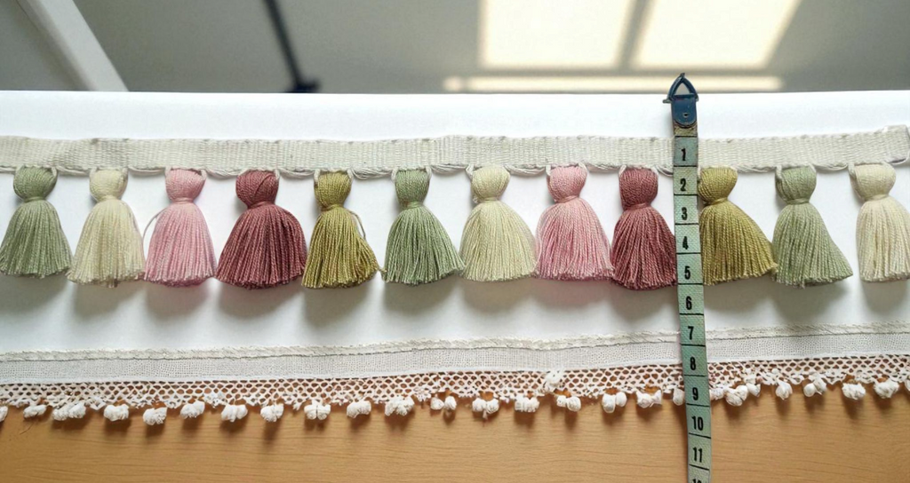 tassel trim, tassel trim by the yard, tassel trim multi, tassel trim fringe, fringe trim, curtain trims, decorative trims, cotton trim
