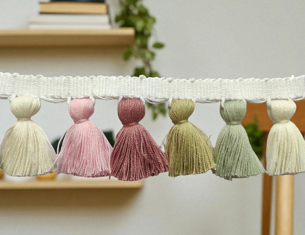 tassel trim, tassel trim by the yard, tassel trim multi, tassel trim fringe, fringe trim, curtain trims, decorative trims, cotton trim