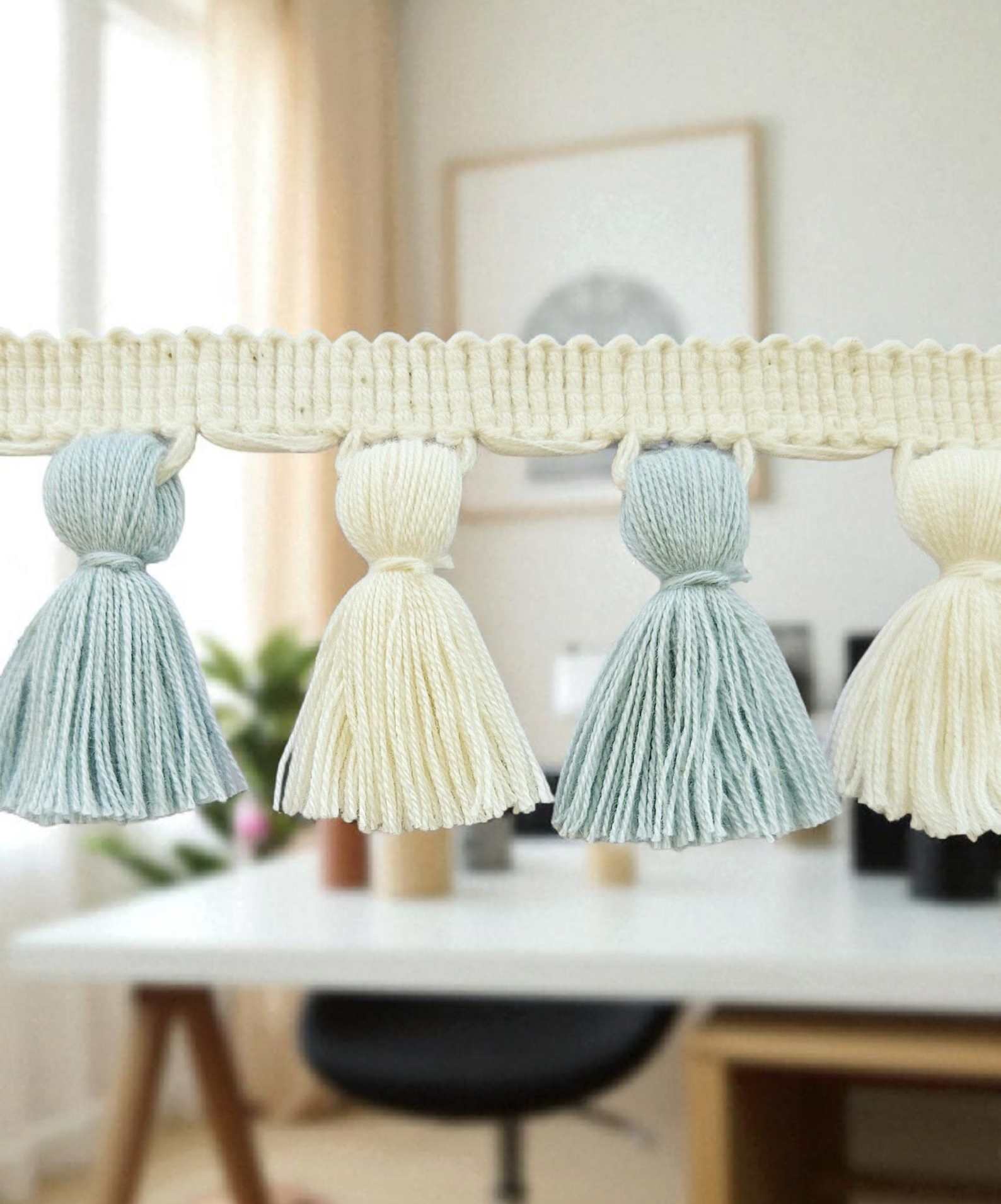 China blue and ivory Handmade tassel trim multi color, tassel trim, tassel trim by the yard, fringe trim, tassel fringe trim, lampshade trim