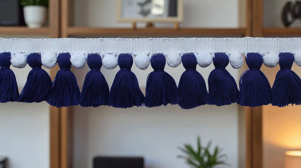 Navy blue / white pom pom tassel trim