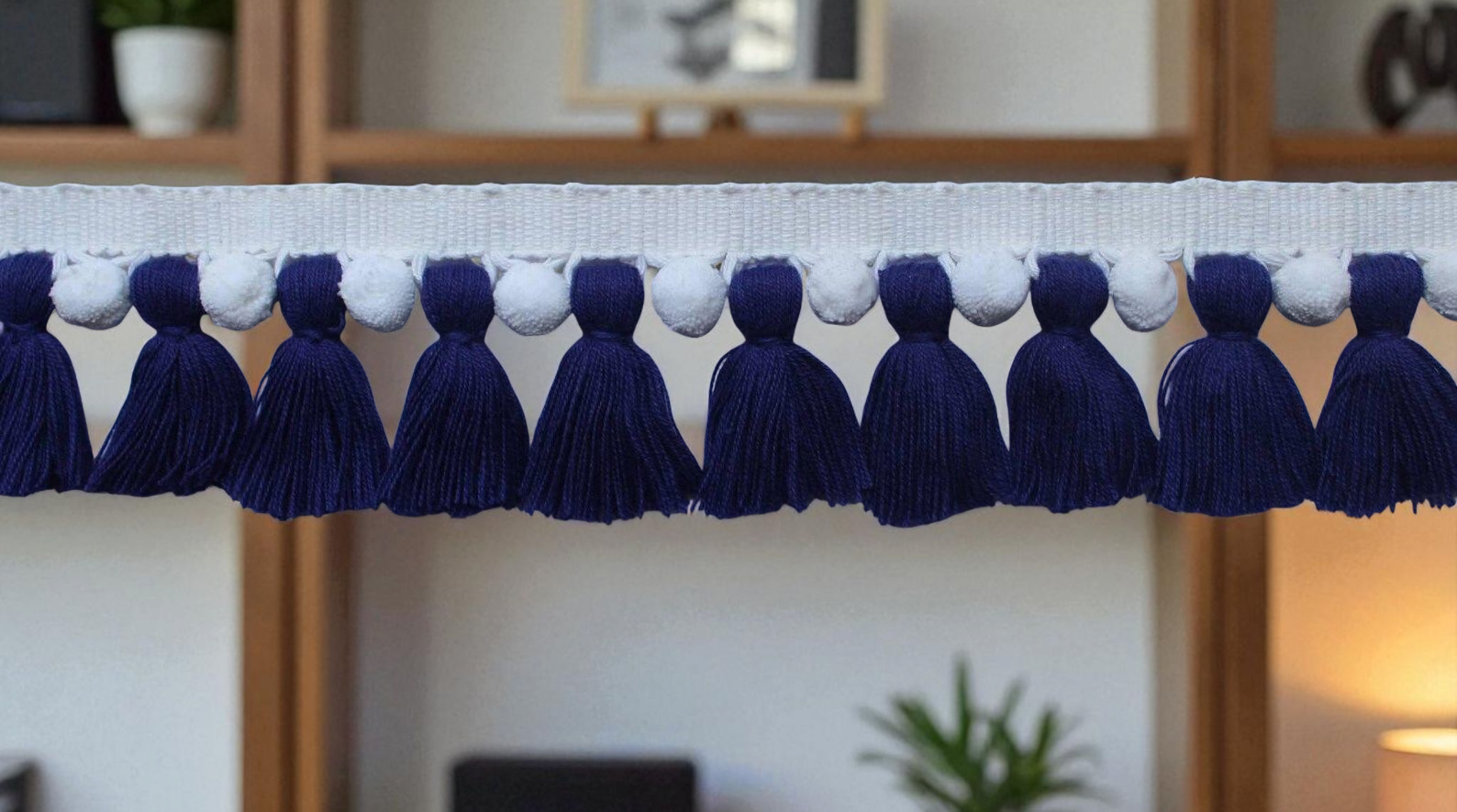 Navy blue / white pom pom tassel trim