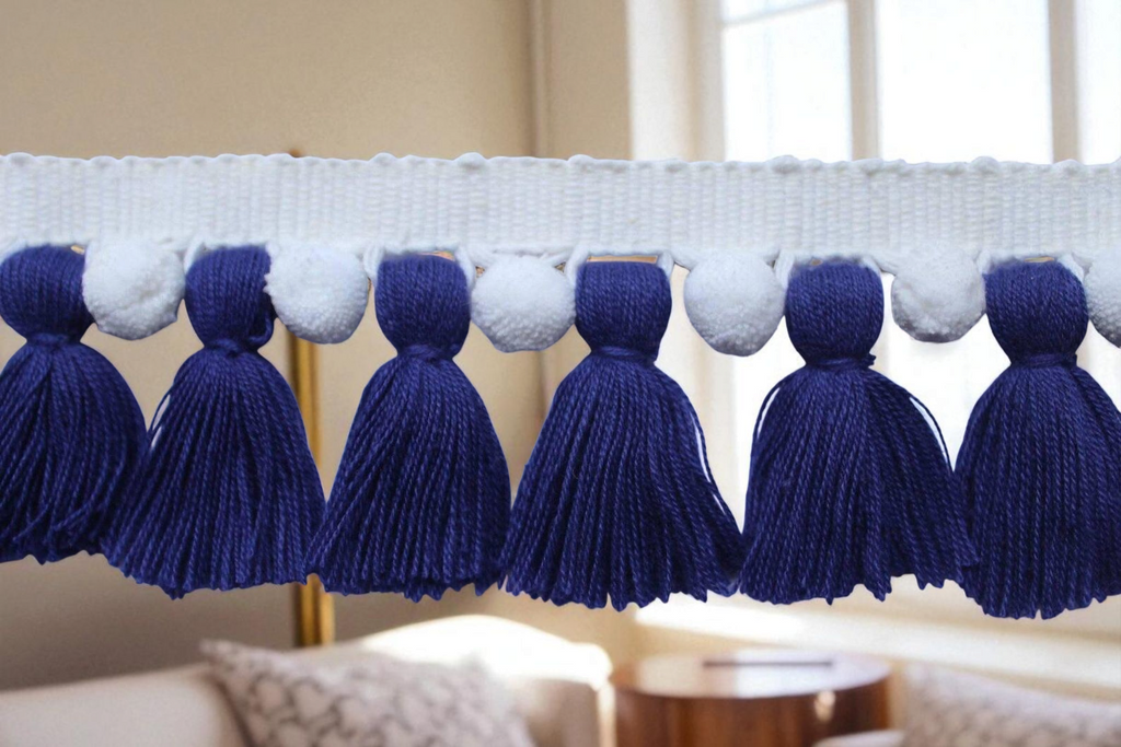 Navy blue / white pom pom tassel trim
