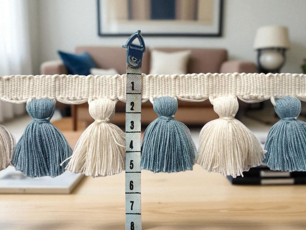 County blue and ivory tasse trim, tassel trim, tassel fringe, long fringe tassel, fringe trim, curtain tassel fringe, beaded tassel trim