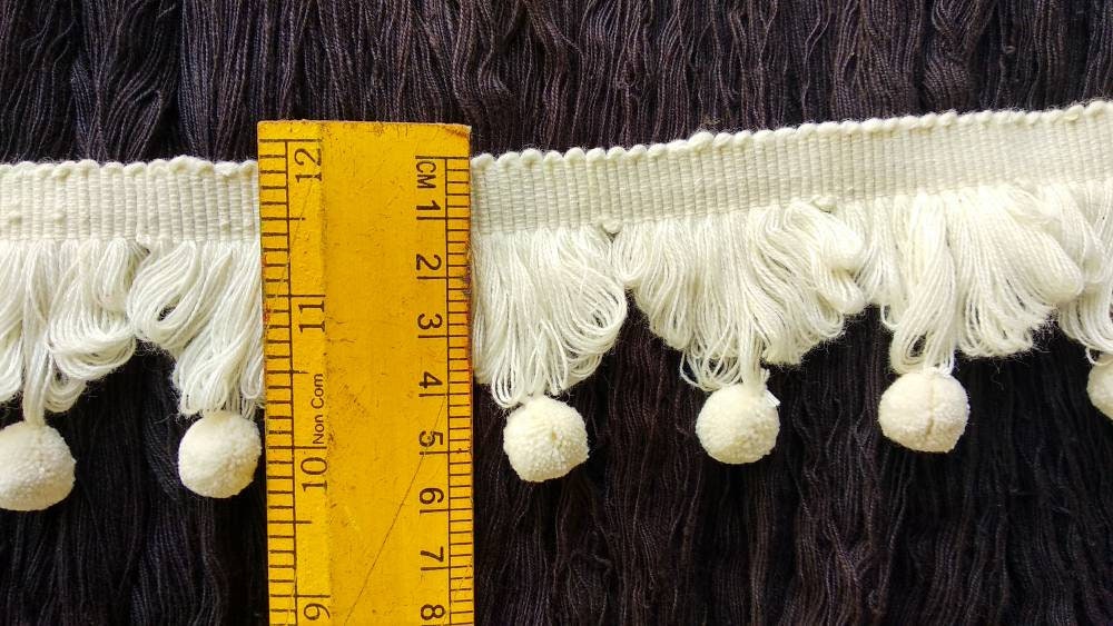 ivory pom pom fan edge trim, woven fan edge trim, handmade pom poms, cotton pom pom fan edge trim