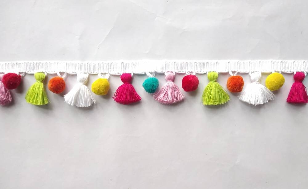 tassel and trims, tassel trim, pom pom trim, trims by the yard, lace, trim, Indian trim, home decor, trimming, pom poms, tassel, trimmings