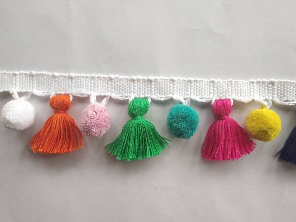 tassel and trims, tassel trim, pom pom trim, trims by the yard, lace, trim, Indian trim, home decor, trimming, pom poms, tassel, trimmings